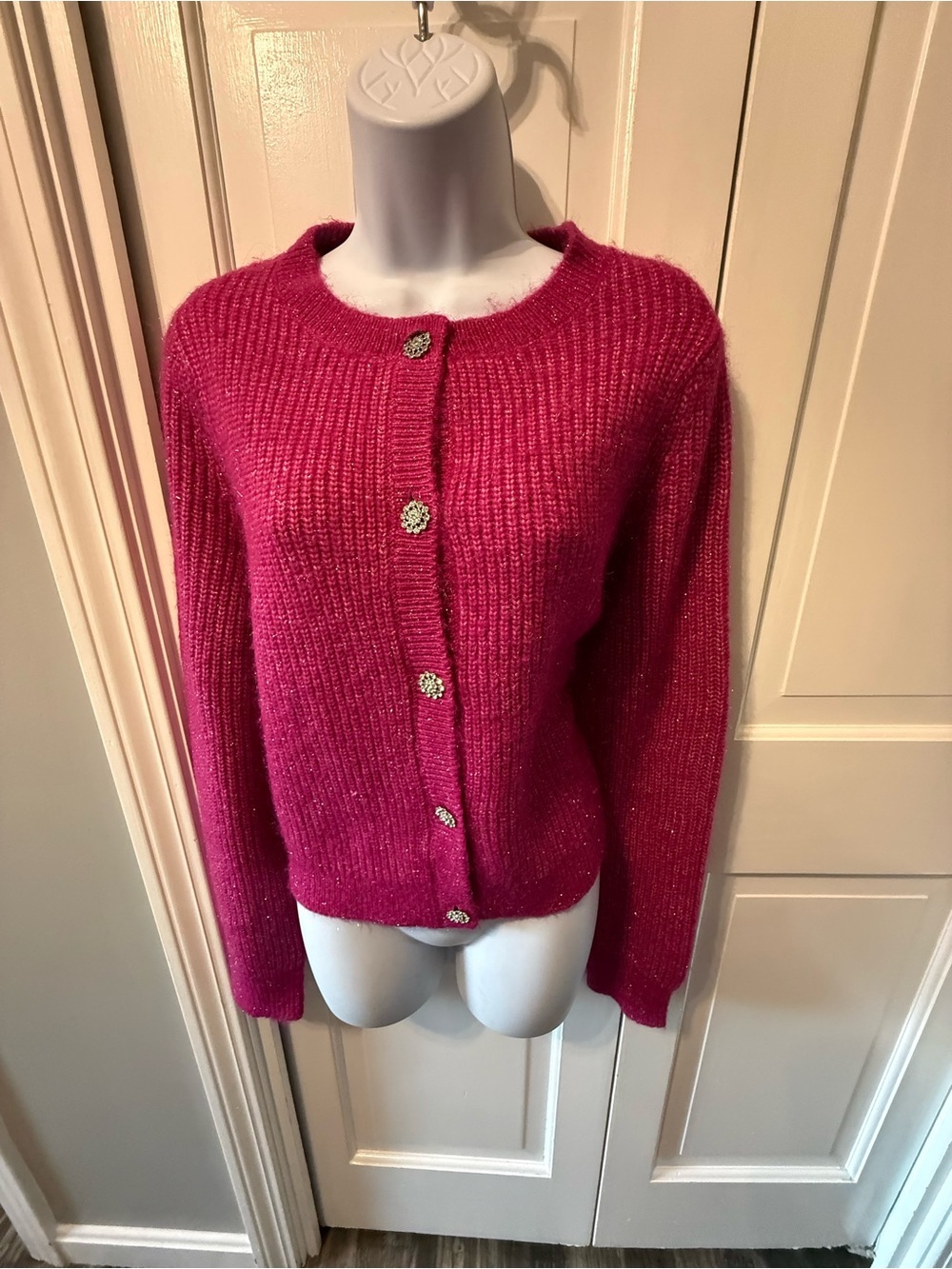Fuchsia Ribbed Crewneck Button-Front Cardigan Sweater - Picture 2 of 4